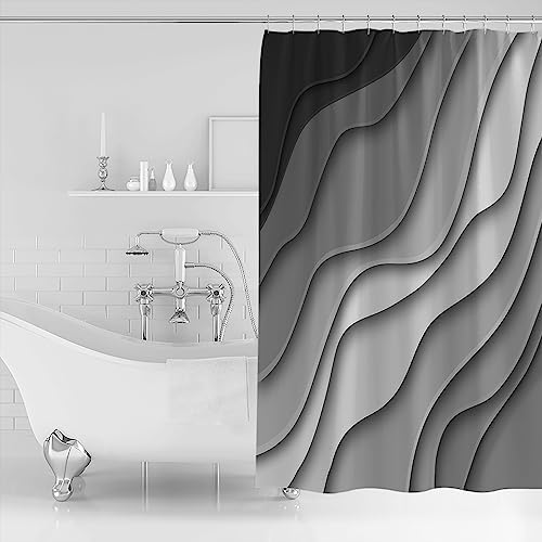 Shower Curtain Bathroom Set Black Grey Ombre Gradient Water Ripple Waterproof Shower Curtains with Grommets Hooks Abstract Lines Modern Art Privacy Bath Curtain for Bathtub Decor 48x72in