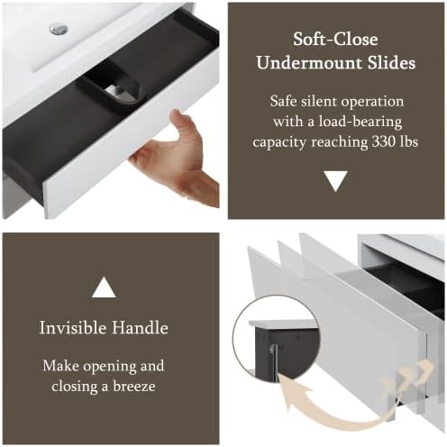 KEIKI 36'' Wall-Mounted Bathroom Vanity with Sink - Floating Design, 2 Soft-Close Drawers & Resin Basin, Space-Saving for Small Bathrooms, Glossy White