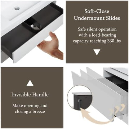 KEIKI 36'' Wall-Mounted Bathroom Vanity with Sink - Floating Design, 2 Soft-Close Drawers & Resin Basin, Space-Saving for Small Bathrooms, Glossy White