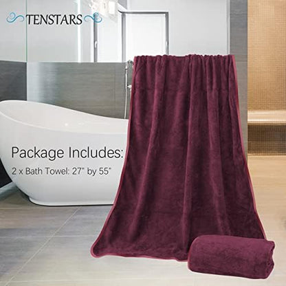 TENSTARS Silk Hemming Bath Towels for Bathroom Clearance - 27 x 55 inches - Light Thin Quick Drying - Soft Microfiber Absorbent Towel for Bath Fitness, Sports, Yoga, Travel, Gym - 2 Pack, Burgundy