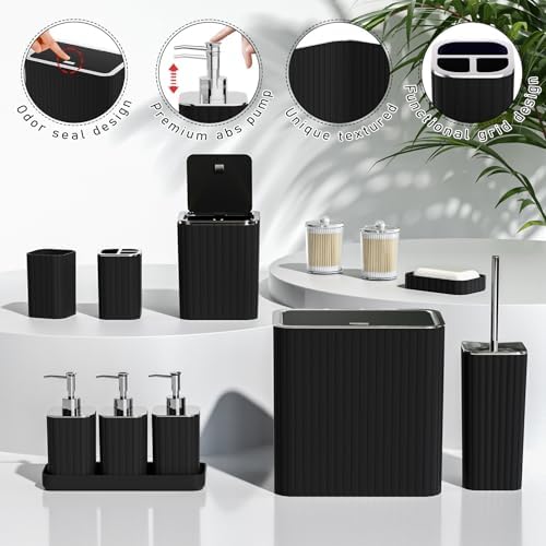 Bathroom Accessory Set - Bathroom Set, 12PC Bathroom Accessory Set, Black Bathroom Accessories Set, Mini Trash Can, Toilet Brush, Trash Can & Soap Dispenser