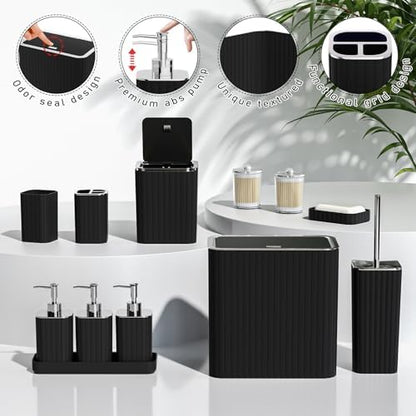 Bathroom Accessory Set - Bathroom Set, 12PC Bathroom Accessory Set, Black Bathroom Accessories Set, Mini Trash Can, Toilet Brush, Trash Can & Soap Dispenser