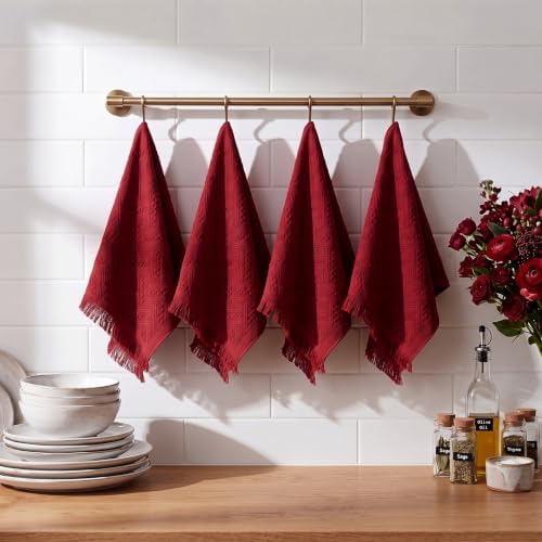 HunnmingRe 4 Pack Boho Hand Towel for Kitchen, Burgundy Red