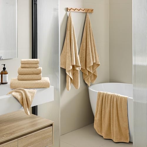 Luxury Bath Towels Set - 12 Piece (4 Large Bath Towels,4 Hand Towels,4 Washcloths), 100% Microfiber,Extra Absorbent Super Soft & Quick Dry,Complete Family Pack for Bathroom Gym Pool,Beige
