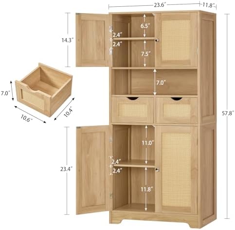 TEENFON 57.8" H Tall Storage Cabinet with 2 Drawers & 2 Adjustable Shelves, Rattan Cabinets with 4 Doors, Cupboard, Kitchen Cabinets, Pantry Cabinet, Tall Cabinet for Living Room, Entryway, Natural