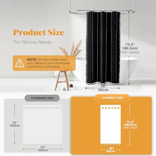 BTTN Small Boho Linen Heavy Duty Cloth Shower Curtain, 36x72, Black White