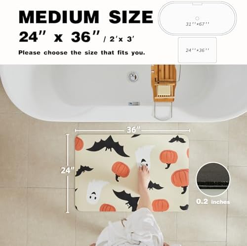 TYUU Thin Halloween Bath Mat, Non-Slip Washable, 24x36 Orange Pumpkins Bats