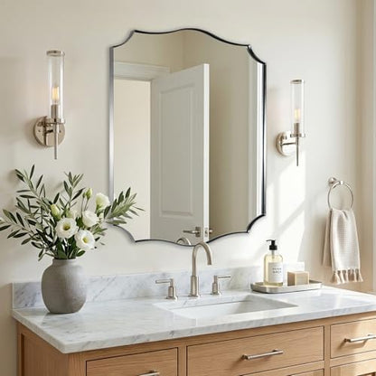 ANDY STAR 24x30 Inch Brushed Nickel Bathroom Mirror, Scalloped Mirror for Vanity, Modern Silver Mirror in Rustproof Stainless Steel Frame, Elegant Curved Scallop Design, Ideal for Home Remodel