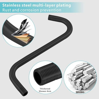 Shower Head Extension Arm with Flange, S Shaped High Rise Gooseneck Showerhead Riser Pipe, Universal Standard 1/2" Connection - Bathroom Accessory (12 Inch, Matte Black)