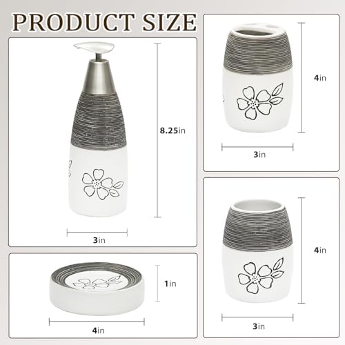 CERBIOR Bathroom Accessories Set,4 PCS Ceramic Bath Accessory,White Flower