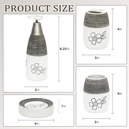 CERBIOR Bathroom Accessories Set,4 PCS Ceramic Bath Accessory,White Flower