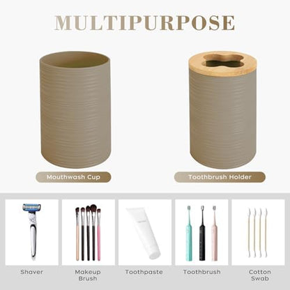 4PCS Beige Bathroom Set, Soap Dispenser, Dish & Bamboo Holder, Rustic