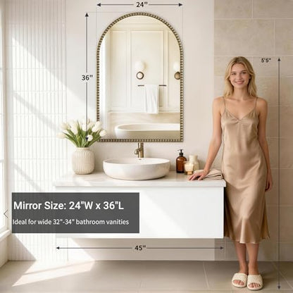 Arched Beaded Mirror, 24"x36" Champagne Bronze Mirror for Bathroom