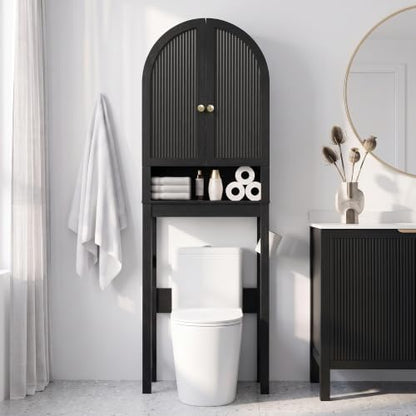 HMstone Over The Toilet Storage Cabinet, Arched Bathroom Organizer and Storage with Doors and Adjustable Shelf, Space-Saving Freestanding Bathroom Modern Storage Cabinet Over Toilet (Black)
