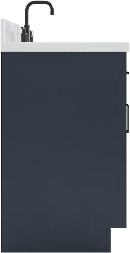 ARIEL Hepburn 60-inch Bathroom Vanity with Sink,Solid Wood, 1.5-inch Carrara White Quartz Countertop, Single Rectangular Porcelain Sink, 2 Soft Closing Doors, 9 Dovetail Drawers, Midnight Blue