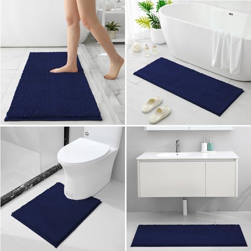 HOMEIDEAS Navy Blue Long Chenille Bathroom Rugs Set of 3, Non Slip Bath Mat