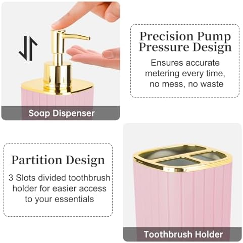 6PCS Bathroom Accessories Set, Pink Bathroom Set for Boho Decor