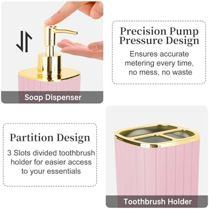 RRM 2PCS Bathroom Accessories Set,Pink Soap Dispenser and Toothbrush Holder