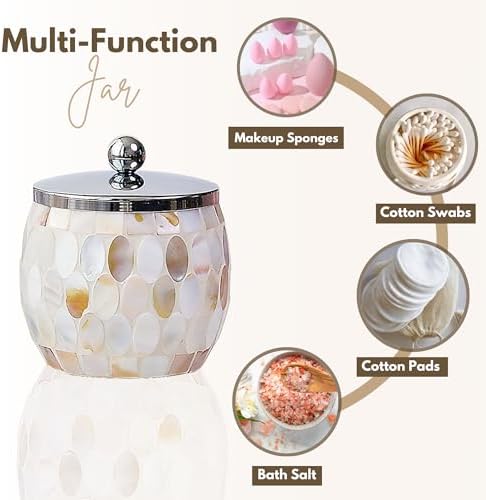 Escenzy Natural Shell Bathroom Accessories Set 3 Pcs | Handcrafted Mother of Pearl Mosaic Glass Soap Dispenser, Toothbrush Holder, Cotton Jar | Luxury Coastal Bathroom Decor