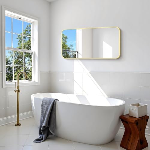 BONEWEI Gold Bathroom Mirror,20x40 inch Wall Mirror for Bathroom Wall Mounted,Round Rectangle Mirror for Bathroom Over Sink,Modern Frame for Home Decor Living Room,Bedroom Entryway,Horizontal/Vertical