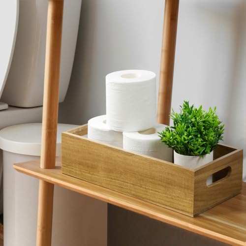 ALELION 15 Inch Acacia Wood Bathroom Storage Basket with Handles, Toilet Paper Basket for Back of Toilet Tank Top, Wooden Organizer Tray for Bathroom Countertop, Vanity, Kitchen, Pantry, Laundry Room