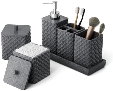Bathroom Accessories Set Resin 6PCS, Square Toothbrush Holders Set Complete with Soap Dispenser, Vanity Tray, Tumbler, Cups and Cotton Swab Jars (Gray Diamond, Resin Bath 6 PCS)