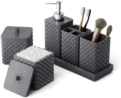 Bathroom Accessories Set Resin 6PCS, Square Toothbrush Holders Set Complete with Soap Dispenser, Vanity Tray, Tumbler, Cups and Cotton Swab Jars (Gray Diamond, Resin Bath 6 PCS)