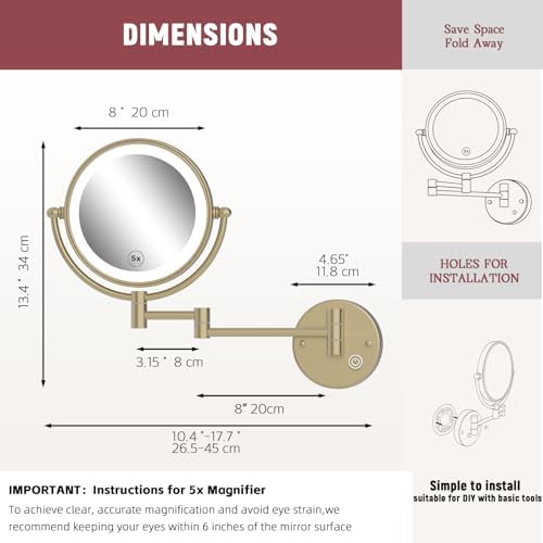8" Rechargeable Brass Wall Mounted Magnifying Mirror with Lights, 1X/5X Cordless Double Sided 3-Colors LED Touch Dimmable Extended 360 Rotation Vanity Mirror for Bathroom, Satin Brushed Gold