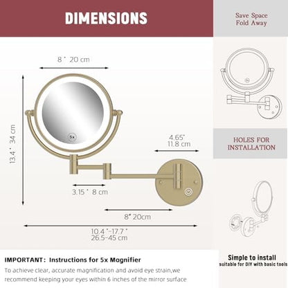 8" Rechargeable Brass Wall Mounted Magnifying Mirror with Lights, 1X/5X Cordless Double Sided 3-Colors LED Touch Dimmable Extended 360 Rotation Vanity Mirror for Bathroom, Satin Brushed Gold