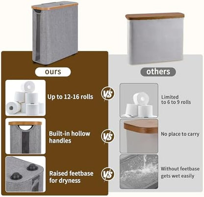 Toilet Paper Storage Basket with Lid - The Ultimate Bathroom Organizer, Free Standing Toilet Paper Holder for Up to 12 Mega Rolls, Toilet Tissue Storage Bin with Handle for RV Closet, Grey