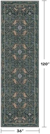 Boho 3x10 Wide Hallway Runner Rug 10 ft, Washable Extra Long Runner Rugs for Entrance Floor, Vintage Blue and Green Plant Design Carpet for Kitchen, Low Pile & Stain Resistant