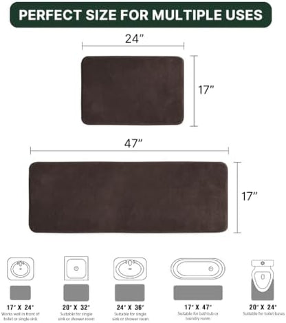 H.VERSAILTEX Kitchen Mat Non Slip Memory Foam Flannel Velvety Runner Rug Water Absorbent Soft Kitchen Rugs Set for Floor Standing Rugs(47" x 17" + 24" x 17", Brown)