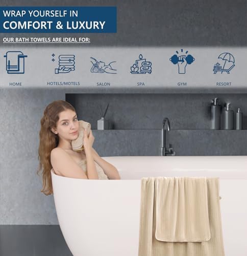 18 Piece Bath Towels Set,Ultra Soft Family Bathroom Towel Set with Hanging Loops-6 Bath Towels,6 Hand Towels,6 Washcloths,Highly Absorbent Quick Dry Shower Towel for Bathroom,Hotel,Spa-Beige Towel Set