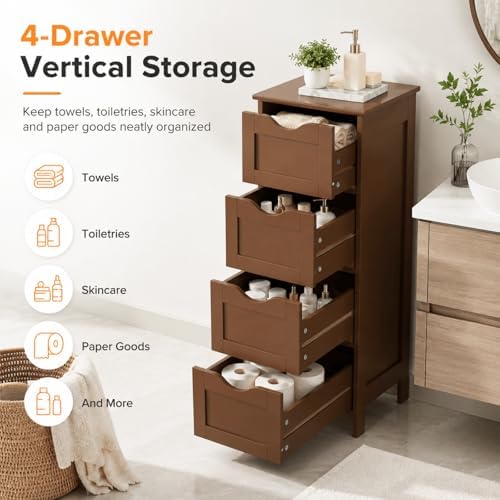 VINGLI 4-Drawer Bathroom Storage Cabinet, Slim Freestanding Floor Cabinet Organizer, 11.8" W x 11.8" D x 32.1" H, Narrow Linen Cabinet for Toiletries, Towels, Toilet Paper, Walnut Brown