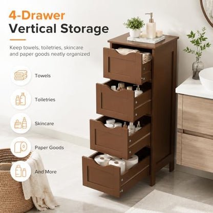 VINGLI 4-Drawer Bathroom Storage Cabinet, Slim Freestanding Floor Cabinet Organizer, 11.8" W x 11.8" D x 32.1" H, Narrow Linen Cabinet for Toiletries, Towels, Toilet Paper, Walnut Brown