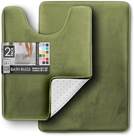 Clara Clark 2 Piece Bathroom Rugs, Velvet Memory Foam Bath Mat Set, Non-Slip Bath Rugs, Machine Wash, Dries Quickly, Ultra Soft Plush Bath Mats for Bathroom, 20 x 32 + Contour, Sage Green