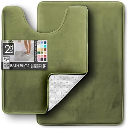 Clara Clark 2 Piece Bathroom Rugs, Velvet Memory Foam Bath Mat Set, Non-Slip Bath Rugs, Machine Wash, Dries Quickly, Ultra Soft Plush Bath Mats for Bathroom, 20 x 32 + Contour, Sage Green