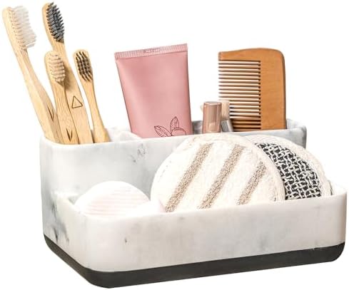 zccz White Marble Design Makeup Organizer - Bathroom Counter Storage for Toothbrushes and Cosmetics - Anti-Slip Cabinet Holder with 4 Compartments - Ideal Vanity Accessory for Organizing Essentials