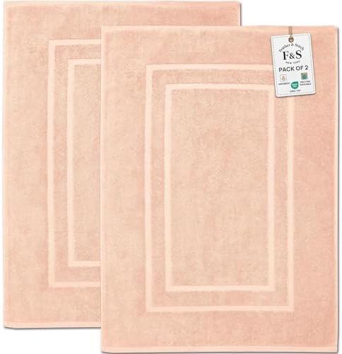 Feather & Stitch 2 Piece Towel Like Bath Mats (30x21 Inch) 100% Cotton Terry Bath Mats, Bathroom Shower Floor Mats [NOT A Bathroom Rug], Soft Absorbent Washable Mats - Pale Peach