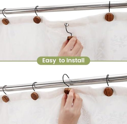 Wood Shower Curtain Hooks Rust Proof, Boho Shower Curtain Hooks Decorative, 12 Pack Shower Hooks for Shower Curtain, Shower Curtain Hangers Hooks (Brown, 12)