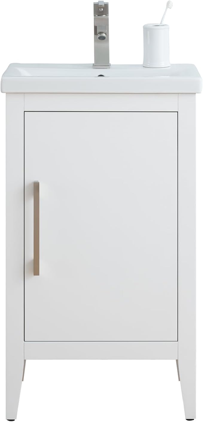 Vanity Art 20 inch Bathroom Vanity with Single Sink & Ceramic Top, Vanity Cabinet with Soft-Closing Doors, Solid Wood Frame, White, VA9020-W-BN1