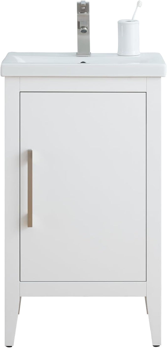Vanity Art 20 inch Bathroom Vanity with Single Sink & Ceramic Top, Vanity Cabinet with Soft-Closing Doors, Solid Wood Frame, White, VA9020-W-BN1