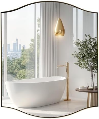 ANDY STAR Rectangle Scalloped Mirror, 30"x36" Brushed Gold Bathroom Mirror in SUS304 Stainless Steel Metal Frame, Brass Vanity Mirror with Unique Arched Top Design