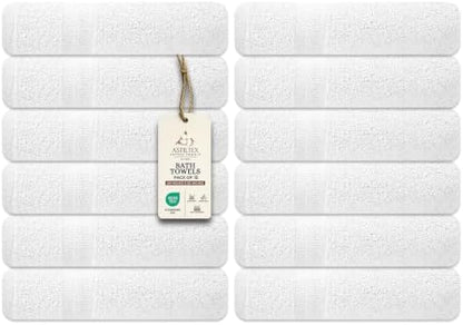 Bath Towels Bulk Set of 12 – 24" x 50" – 100% Cotton Terry, Soft, Quick-Dry & Highly Absorbent – White Towels for Bathroom, Spa, Gym, Hotel, Pool & Everyday Use