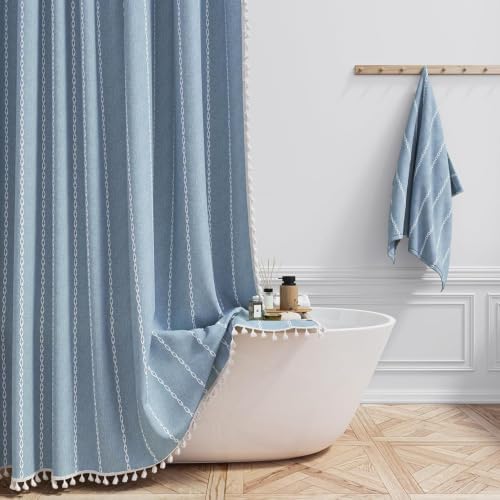 BTTN 54 x 72 Boho Farmhouse Linen Heavy Duty Cloth Shower Curtain Set, Blue