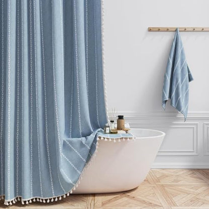 BTTN 72 x 80 Boho Farmhouse Linen Heavy Duty Cloth Shower Curtain Set, Blue