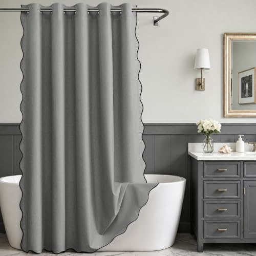 Furlinic Scalloped No Hook Shower Curtain Extra Wide Grey Waterproof 96x75