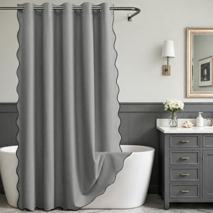 Furlinic Scalloped No Hook Shower Curtain Extra Wide Grey Waterproof 96x75