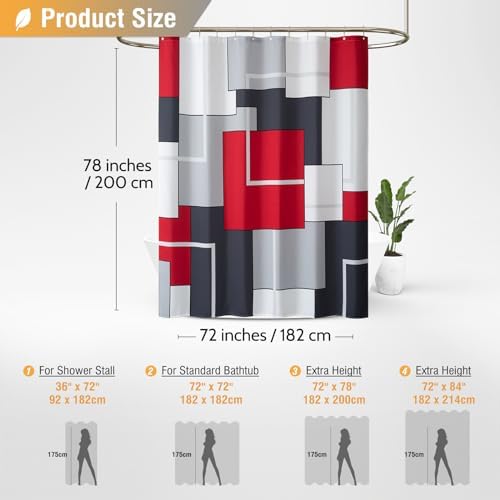 BTTN 72 x 78 Long Modern Geometric Waterproof Fabric Shower Curtain, Red
