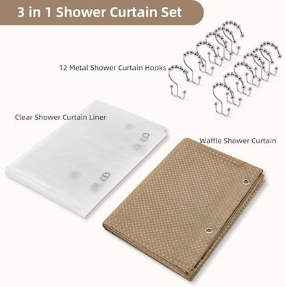 3 in 1 Shower Curtain Set, Waffle Shower Curtain and Liner Set with 12 Double Sided Shower Curtain Hooks, 72 x 84 Fabric Shower Curtains for Bathroom, Beige